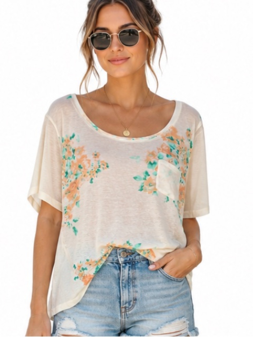 FOREVER 21 CREAM MINT FLORAL MIXED MEDIA T-SHIRT L NWT